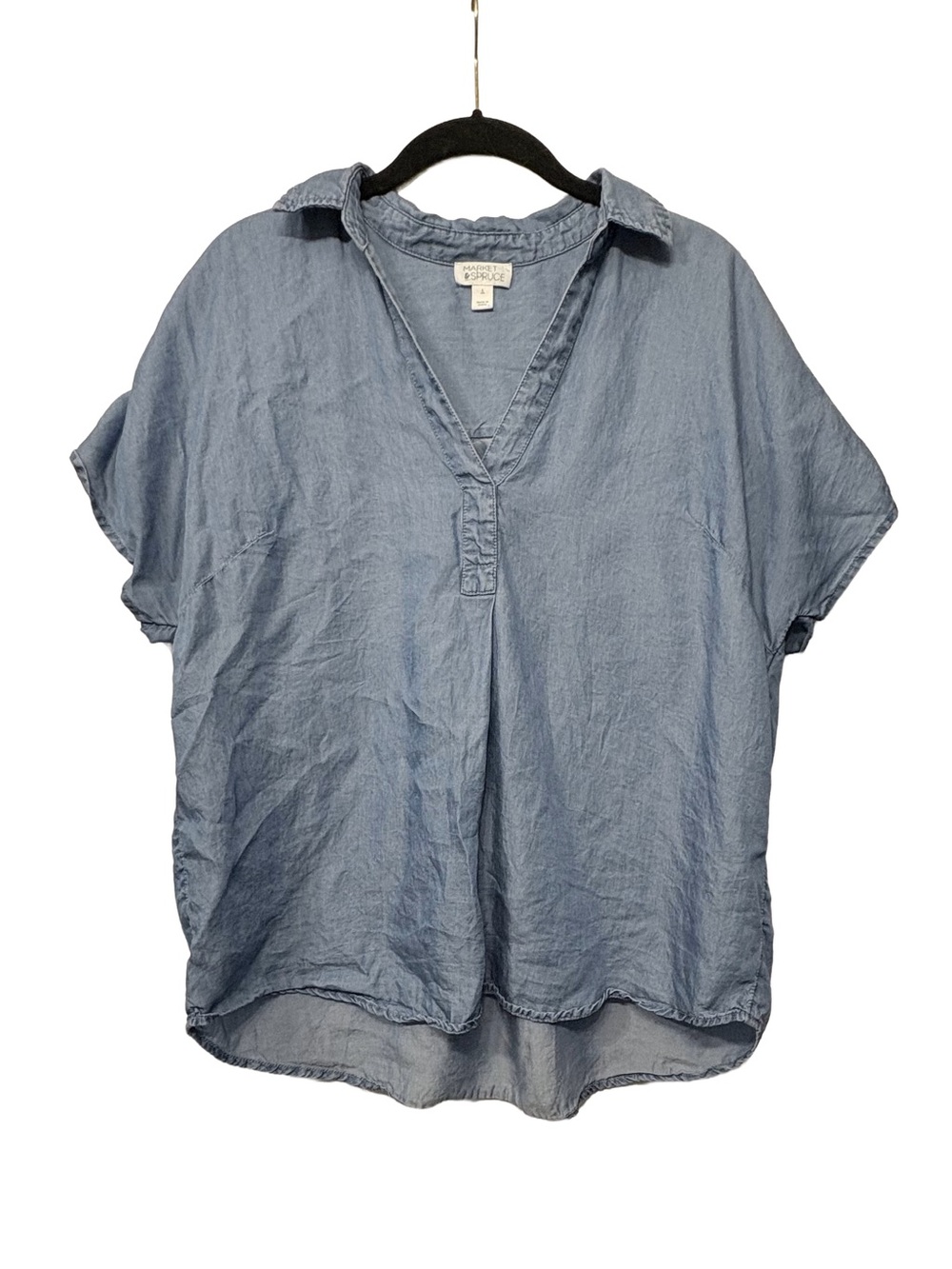 Market & Spruce Dusty Blue Short Sleeve V-Neck Collared Top